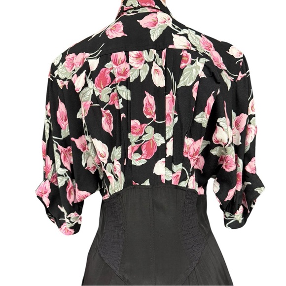 Vintage 80s Jumpsuit Black Pink Floral  Size 12 Foxy Lady Funky Unique Jumpsuit - Picture 7 of 12